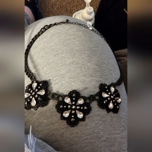 Matte Black Flower Necklace with Clear Rhinestone